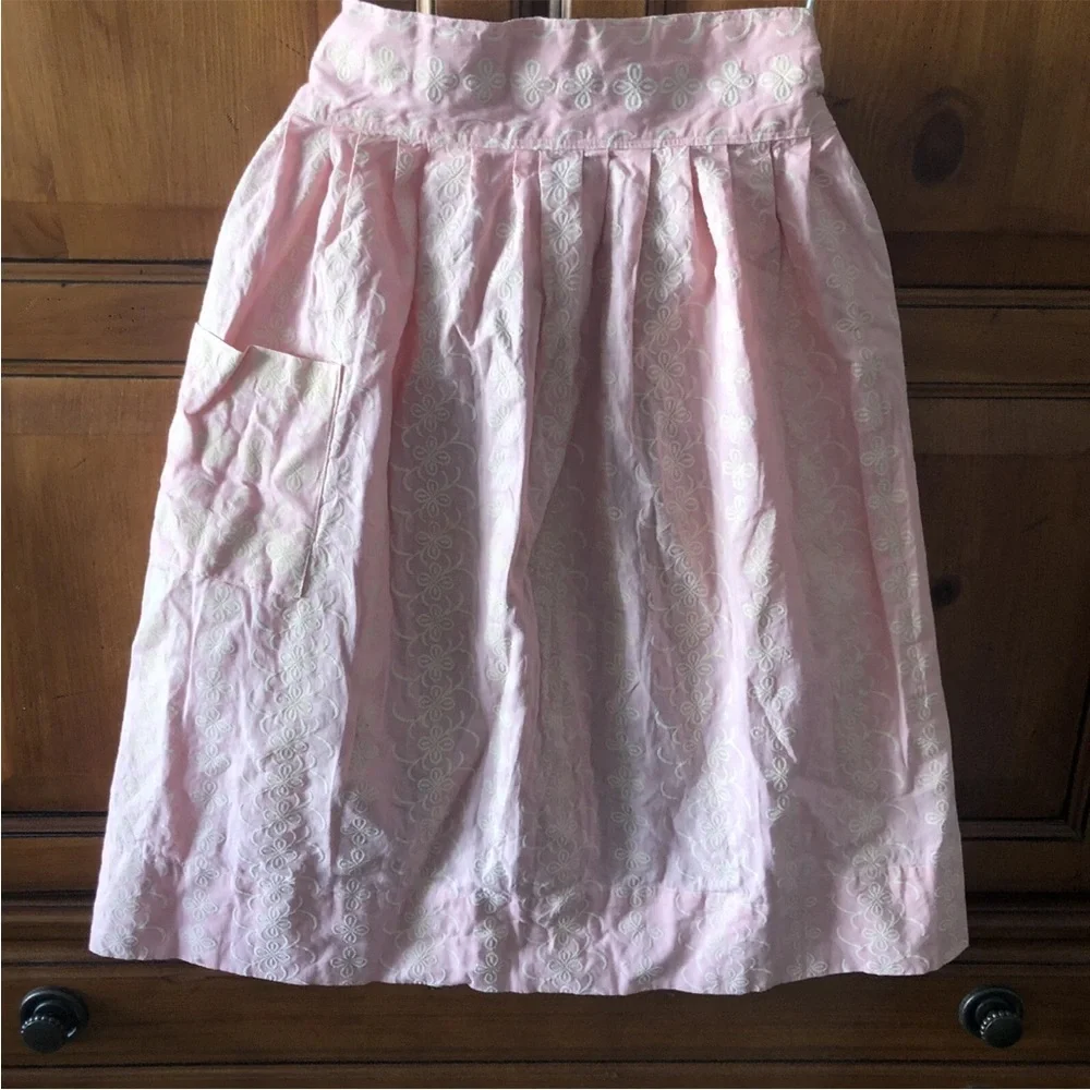 Flocked Floral Waist Apron Pink Cream Pocket Kitchen Chef Baking Vintage 50s 60s